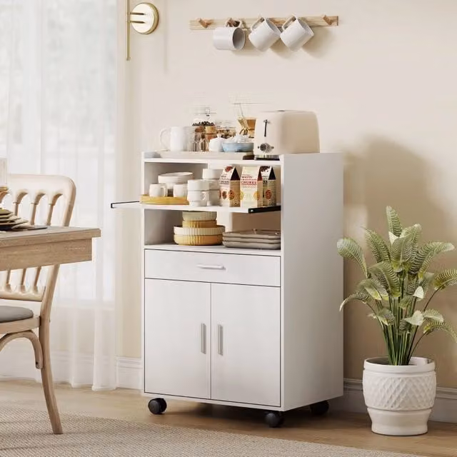 Mobile da cucina FOLYNA bianco opaco con vano microonde, cassetto e armadietto a due ante con ruote