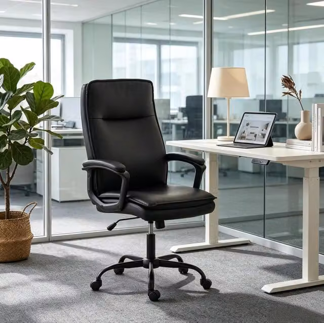 Sedia da ufficio ergonomica nera in PU con supporto regolabile e schienale curvo