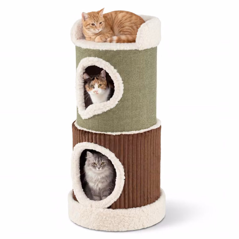 COSTWAY Tiragraffi a forma di botte, Ø 41 cm, altezza 85 cm, con 2 cucce, cuscino e superficie di riposo lavabili, tiragraffi per gatti fino a 10 kg, verde+marrone