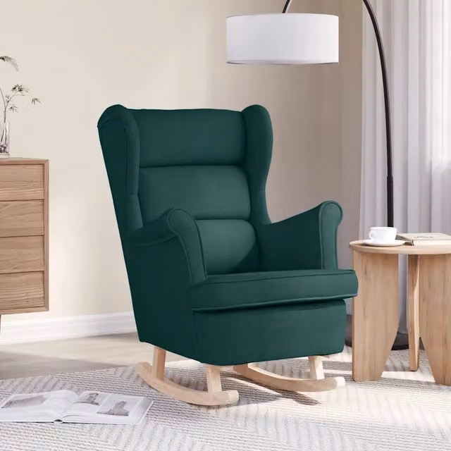 Sedia a dondolo vidaXL in tessuto verde con braccioli e struttura in legno di gomma L: 74 cm, P: 90 cm, H: 102 cm – 1