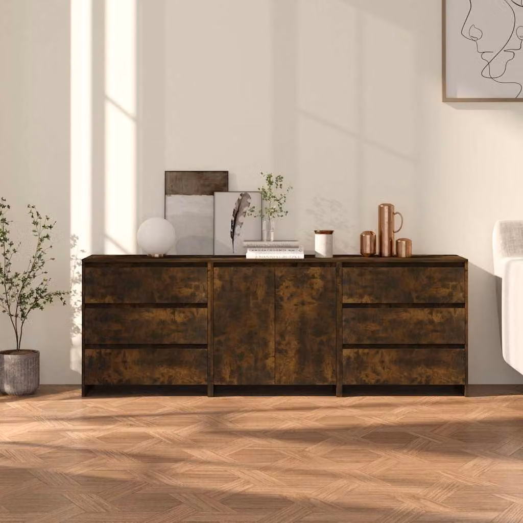 Set di 3 credenze moderne vidaXL in legno multistrato e MDF, colore rovere fumo marrone