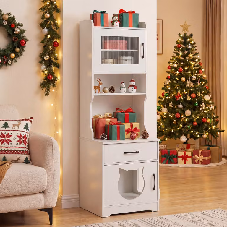 Recinto per lettiera gatti Costway con luce LED regolabile e portaoggetti, toilette nascosta con cassetto e armadietto, Bianco, Altezza: 152 cm