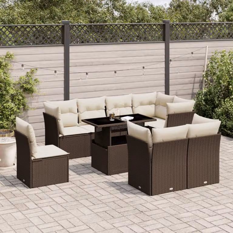Set di divani da giardino vidaXL 9 pezzi in polyrattan marrone con cuscini e tavolino da esterno