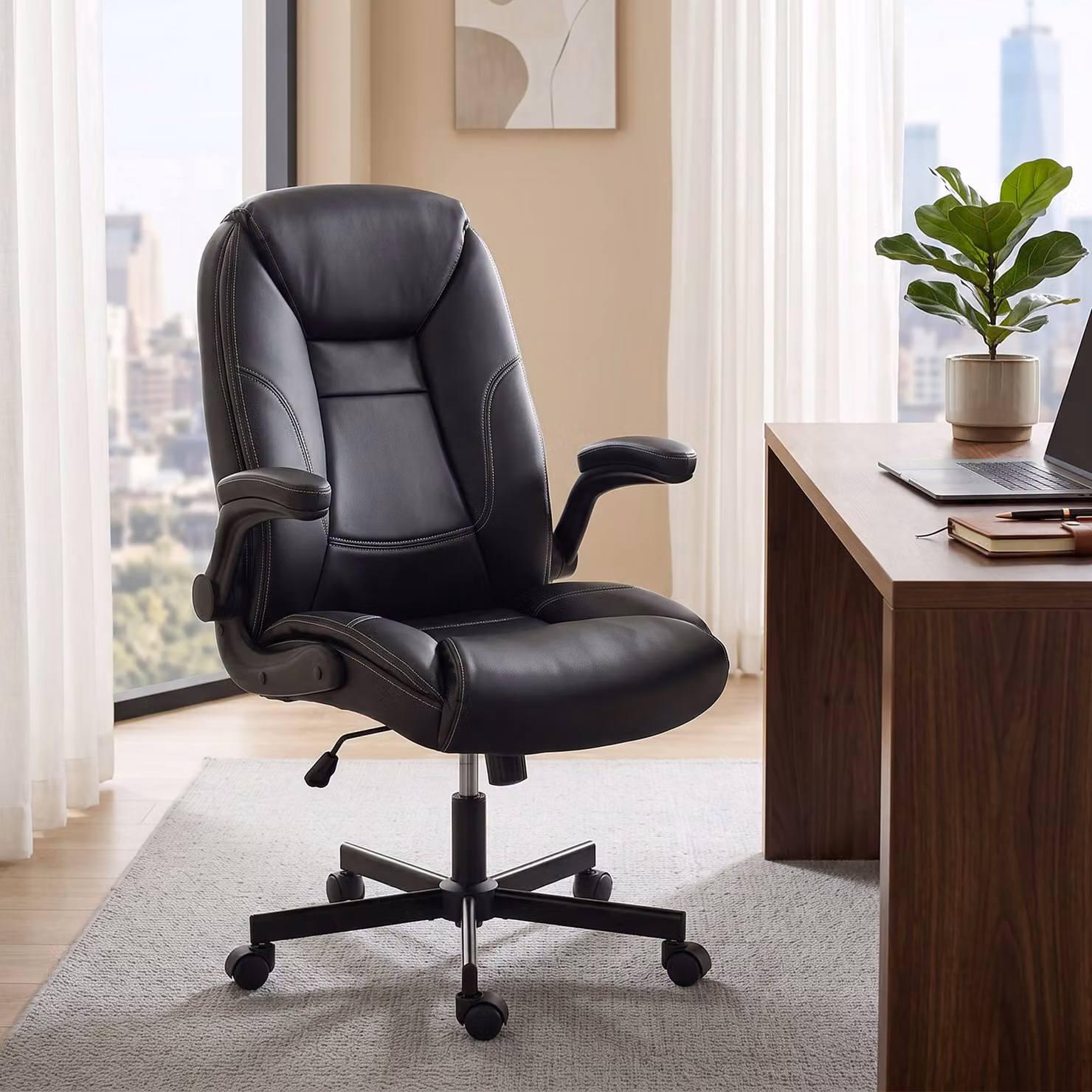 Sedia da ufficio ergonomica HOMCOM in ecopelle nera con braccioli ribaltabili, altezza regolabile e funzione dondolo – 2