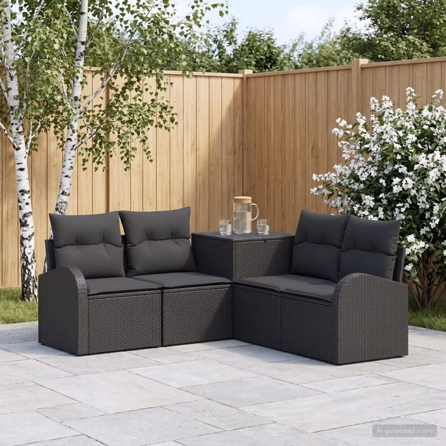 Set di divani da giardino vidaXL a forma di L con 5 pezzi, colore nero, in rattan e acciaio rivestito in polvere, comprensivo di cuscini e pouf