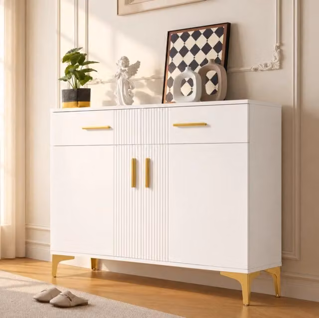 Credenza moderna bianca lucida in MDF con piedini in metallo per soggiorno, camera da letto o ufficio, L: 79,5 cm, P: 35,0 cm, H: 35,0 cm