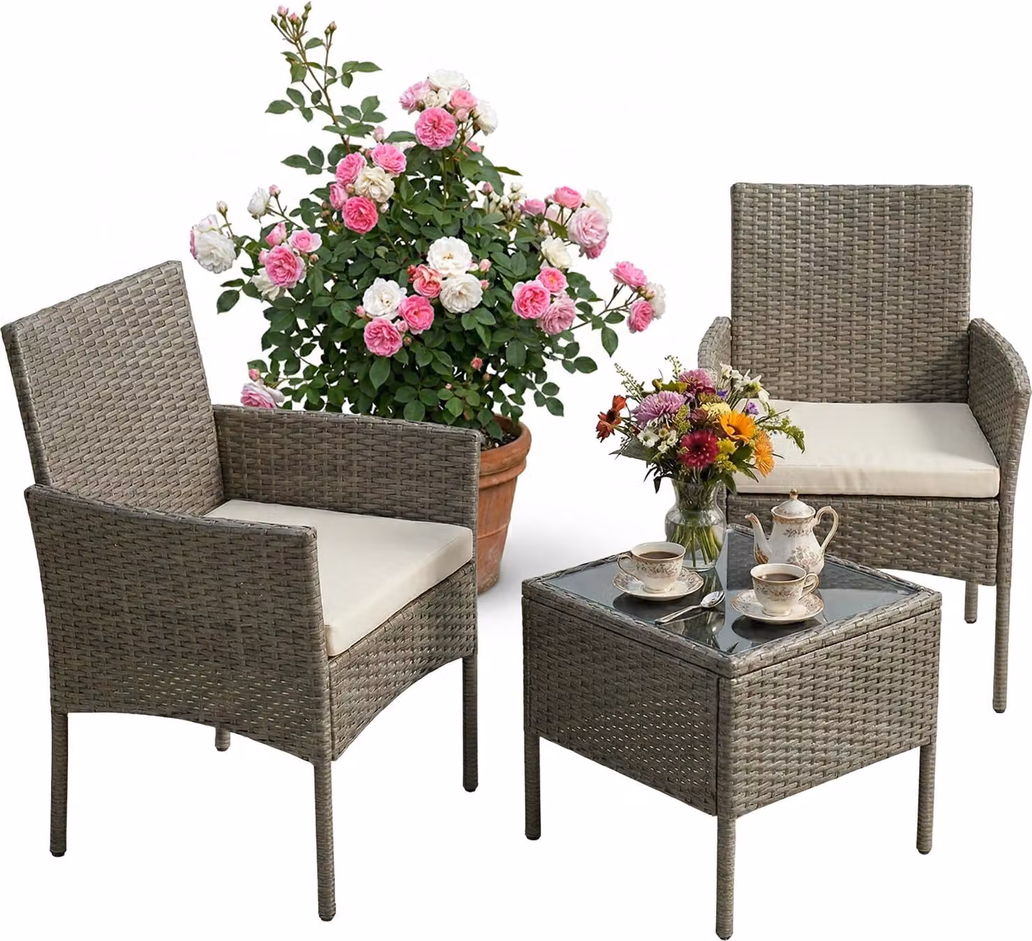 Set di mobili da giardino Relaxdays, set da salotto in rattan da 3 pezzi, per 2 persone, 2 poltrone e tavolo in vetro, mobili da salotto, da esterno, grigio