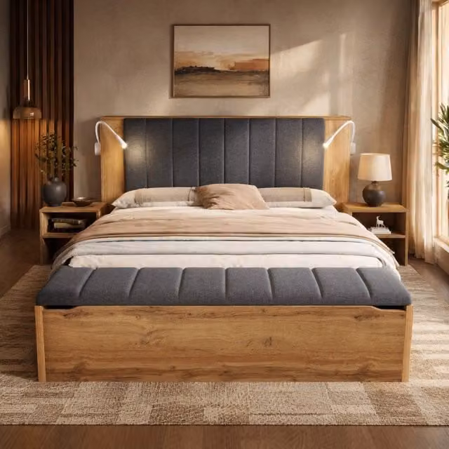 Letto matrimoniale 180x200 cm con luci da lettura USB; comodini e panca; finitura rovere
