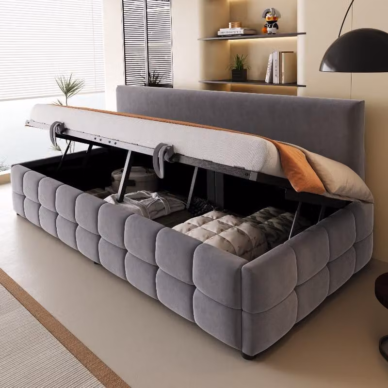 Letto imbottito 90x200 cm con spazio contenitore a sollevamento idraulico, rivestito in velluto color grigio scuro, senza braccioli, con rete a listelli, ideale per la camera da letto