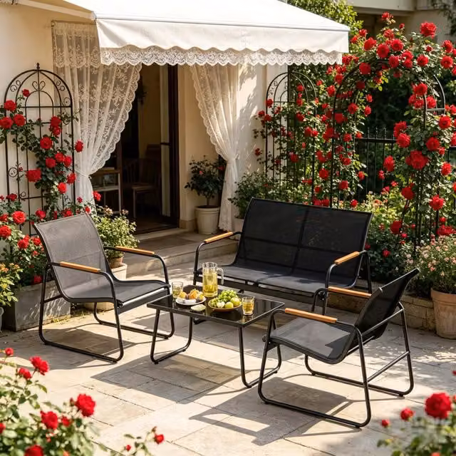 Set di mobili da giardino con tavolo in vetro temperato e sedute ergonomiche per terrazza in metallo poliestere nero