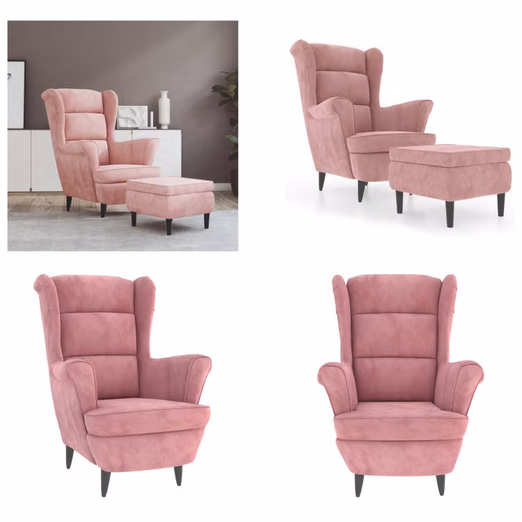 vidaXL Sedia ad ala con sgabello in velluto rosa - Poltrona con sgabello - Sedia ad ala con sgabello - Poltrona - Poltrona relax