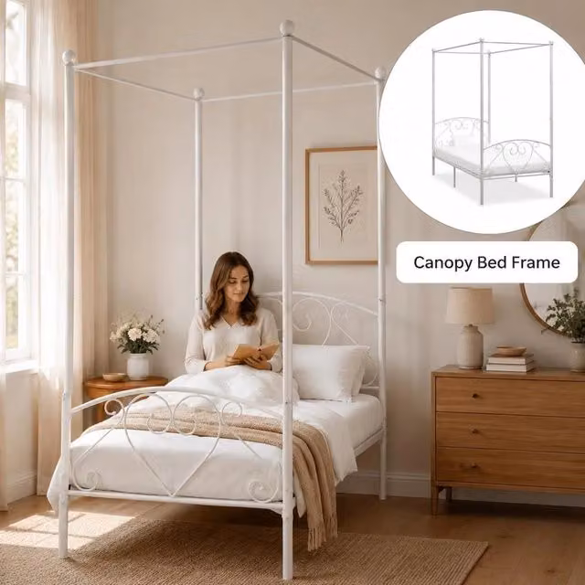 Canopy Bed Frame, White Metal, 120 X 200 Cm