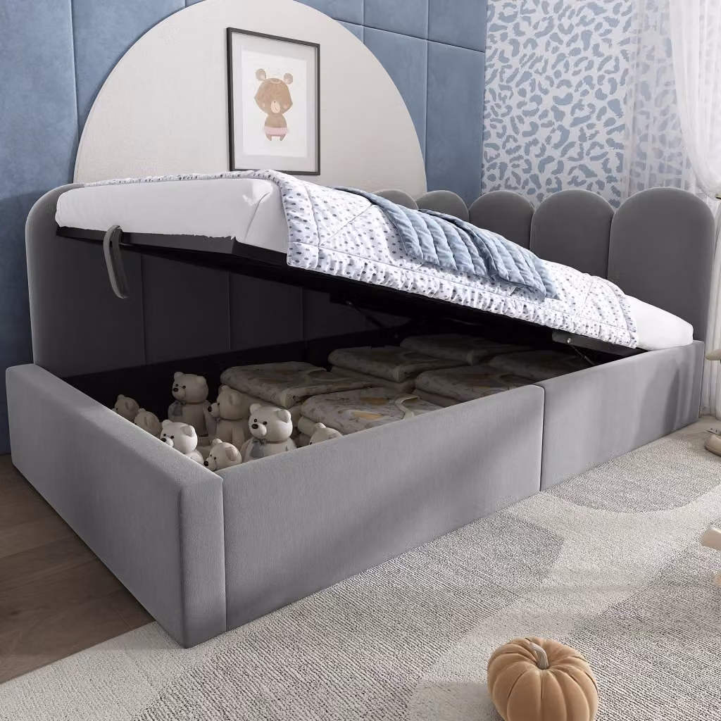 Letto contenitore daybed imbottito in velluto grigio con struttura a L e rete idraulica L/P: 90 x 190 cm – 2