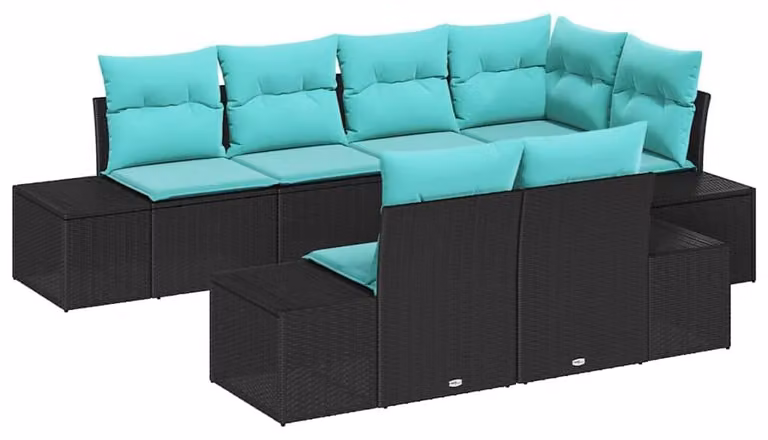 Set da giardino composto da 7 pezzi, colore nero, realizzato in rattan sintetico