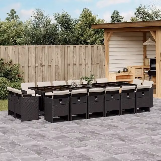 Set da pranzo da giardino vidaXL in polyrattan nero con cuscini e piano in vetro, 17 pezzi – 1