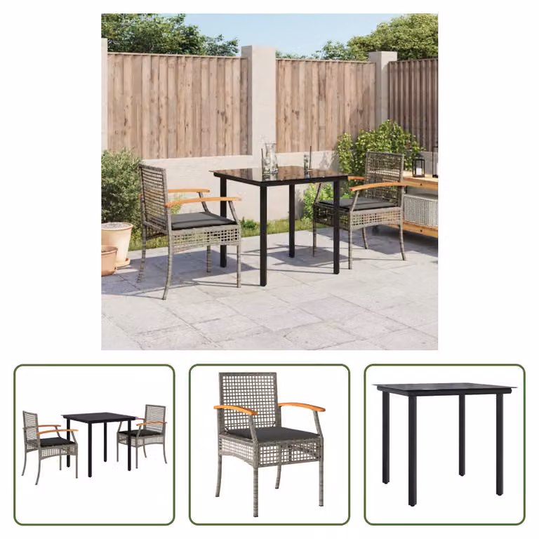 The Living Store Set da pranzo da giardino in 3 pezzi con cuscini in poly rattan grigio