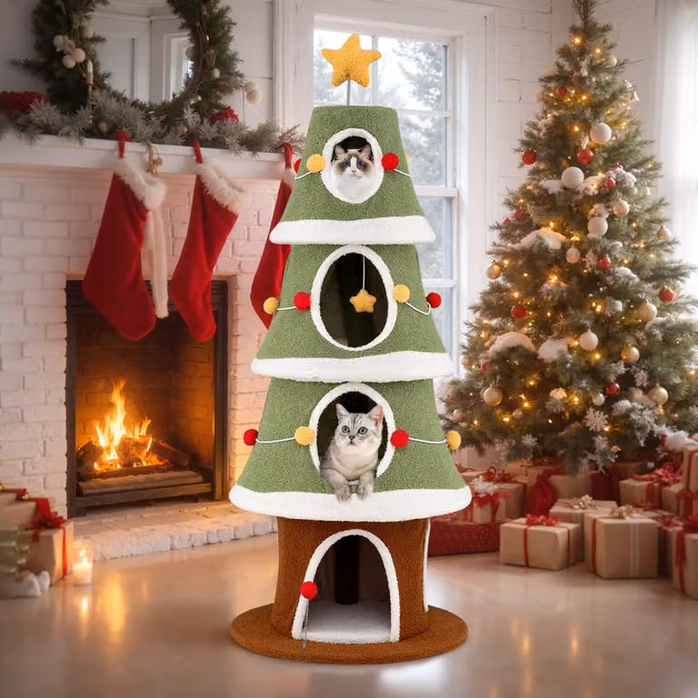 COSTWAY Tiragraffi natalizio, 154 cm, albero per gatti con 4 grotte per gatti, tiragraffi, base grande, stella e palline, albero di Natale per gatti, verde