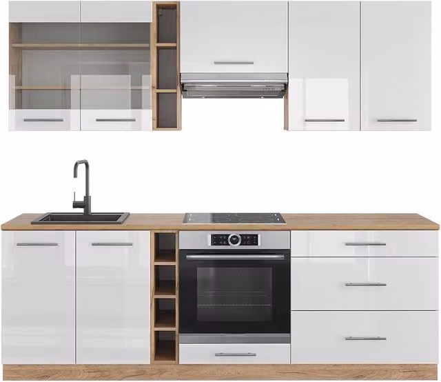 Cucina componibile moderna Vicco Fame-Line Bianco lucido e Rovere dorato, larghezza: 235 cm, senza piano di lavoro