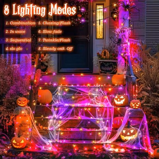 Ibenzoa® – Catena luminosa LED per Halloween – 10 metri, 100 LED, 8 modalità di illuminazione, timer (6h/18h), grado di protezione IP65 (resistente all'acqua), alimentazione a batteria, colore arancione e viola, adatta per interni ed esterni