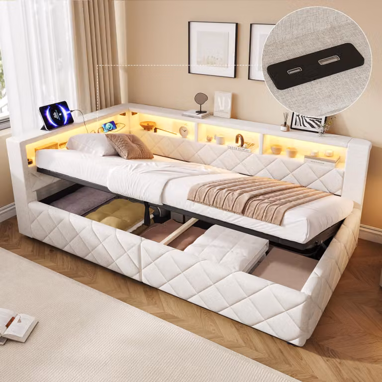 Divano letto 90 x 200 cm con spazio contenitore a pistone idraulico, striscia LED, porta USB, vano aperto nella testata e rete a doghe, tessuto in lino, color beige