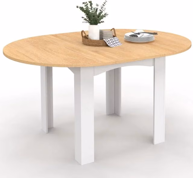 IDMarket Tavolo da pranzo rotondo allungabile DONA per 4-8 persone, piano in faggio bianco, L: 110-150 cm, P: 110 cm, H: 75 cm