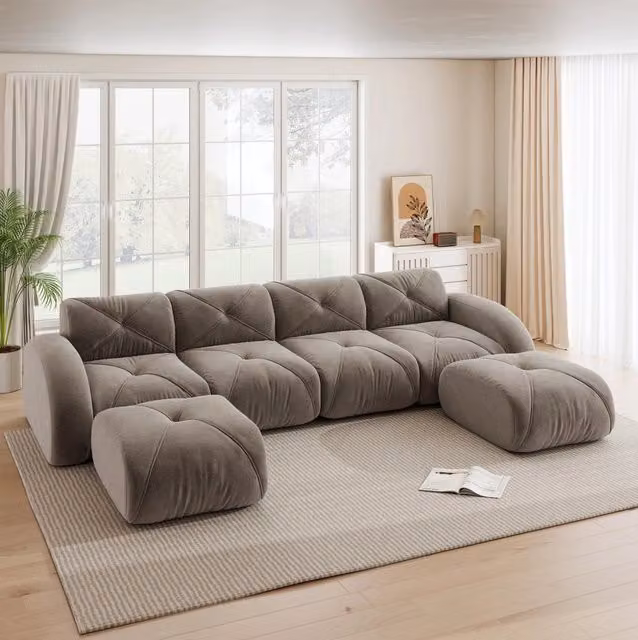 Divano modulare a U MODFU da 4 posti in tessuto beige e grigio, L: 358 cm, P: 171 cm, H: 76 cm