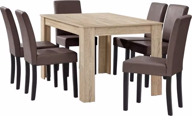 Set Pranzo con Tavolo 140x90 cm e 6 Sedie in Similpelle - Effetto Rovere Chiaro / Marrone [en.casa]