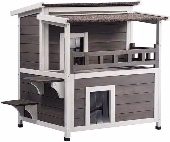 Casetta esterna, resistente alle intemperie, rifugio per animali selvatici, grande casetta in legno a 2 piani, con balcone, porte, paraspifferi in PVC e tetto aperto, dimensioni 750 x 751 x 820 mm, adatta a diverse gatte