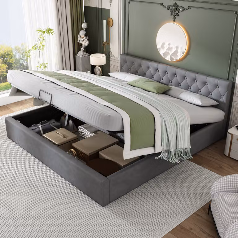 Letto imbottito Flieks 180x200cm, letto contenitore con contenitore e rete a doghe, letto matrimoniale in velluto letto funzionale in legno, grigio