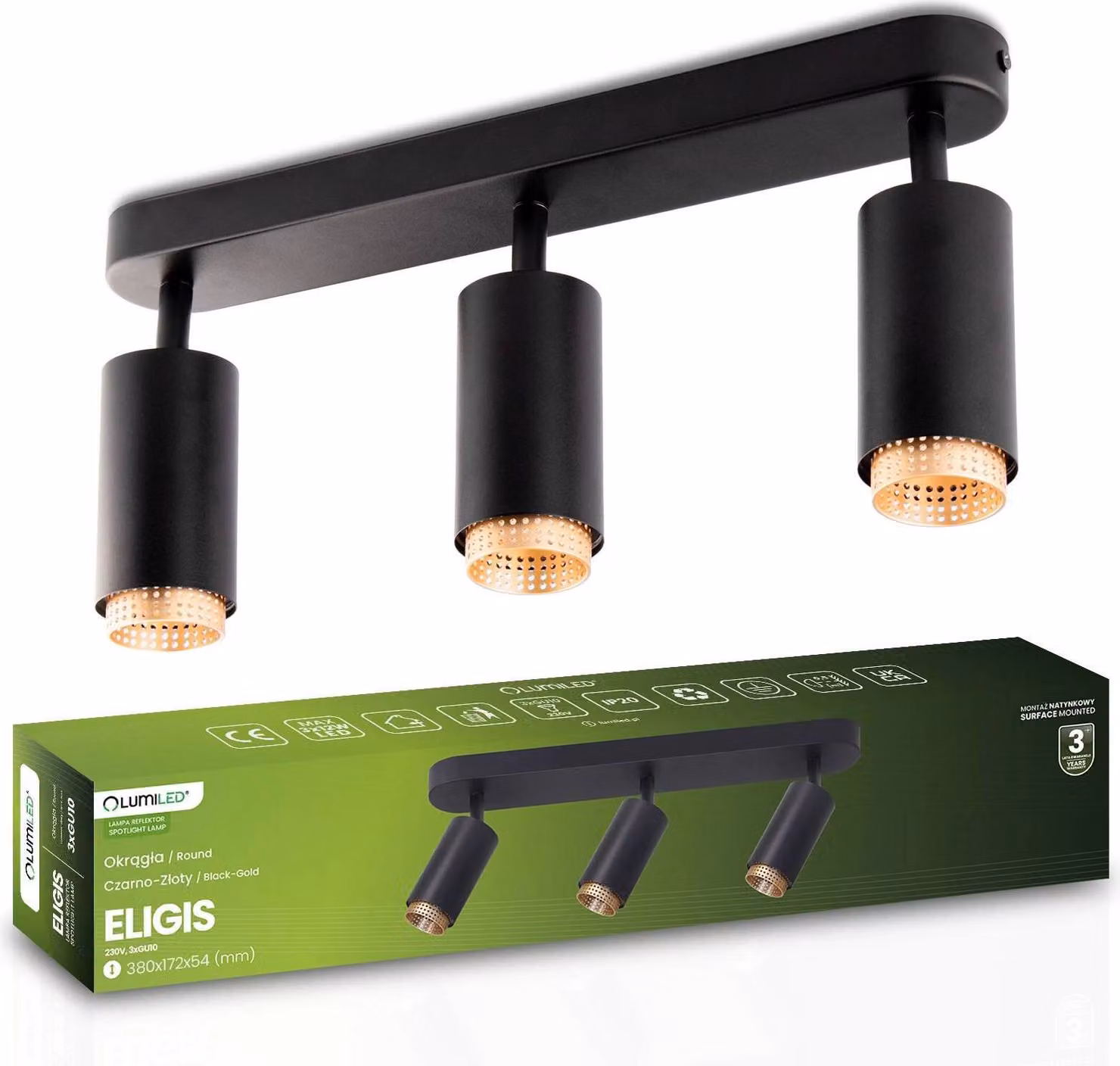 Faretto da soffitto LUMILED, plafoniera a 3 lampade, faretto girevole a 360° e 90°, faretto per soffitto, 3x presa GU10 max.12 W 230V, downlight nero opaco con colore oro