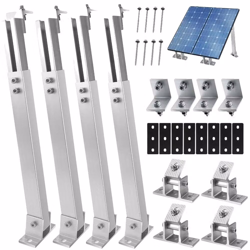 Sistema di montaggio per pannelli solari, lunghezza regolabile da 36 a 68 cm, angolo regolabile da 15 a 30°, realizzato in lega di alluminio di alta qualità, con doppia sicurezza tramite viti e struttura di supporto triangolare