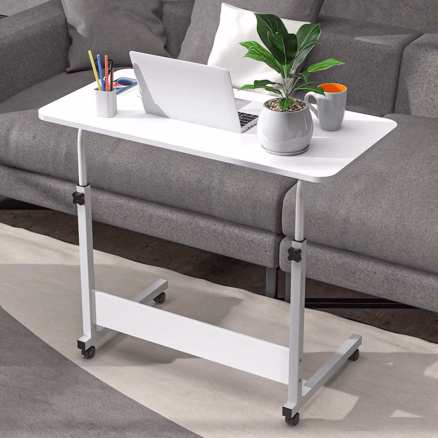 Tavolo regolabile in altezza per laptop, dimensioni 80x40 cm, colore bianco, con rotelle