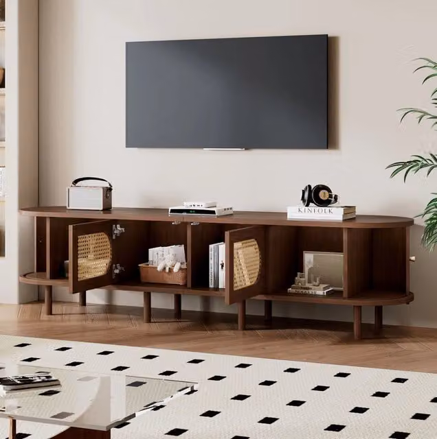 Mobile TV ovale MODFU in MDF con ante in rattan e sportelli scorrevoli, colore marrone, L/P/H: 180 x 40 x 40 cm