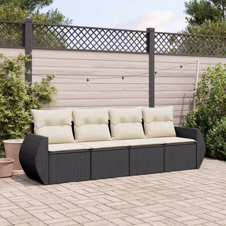 Set di Divani da Giardino vidaXL 4 Pezzi in Polyrattan Nero con Cuscini e Struttura in Acciaio Verniciato a Polvere