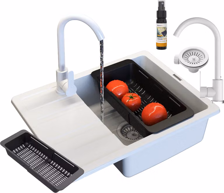 Granitan - Lavello in granito - Lavello da cucina - 58x44 cm - Bianco - con accessori - Lavello - PAROS