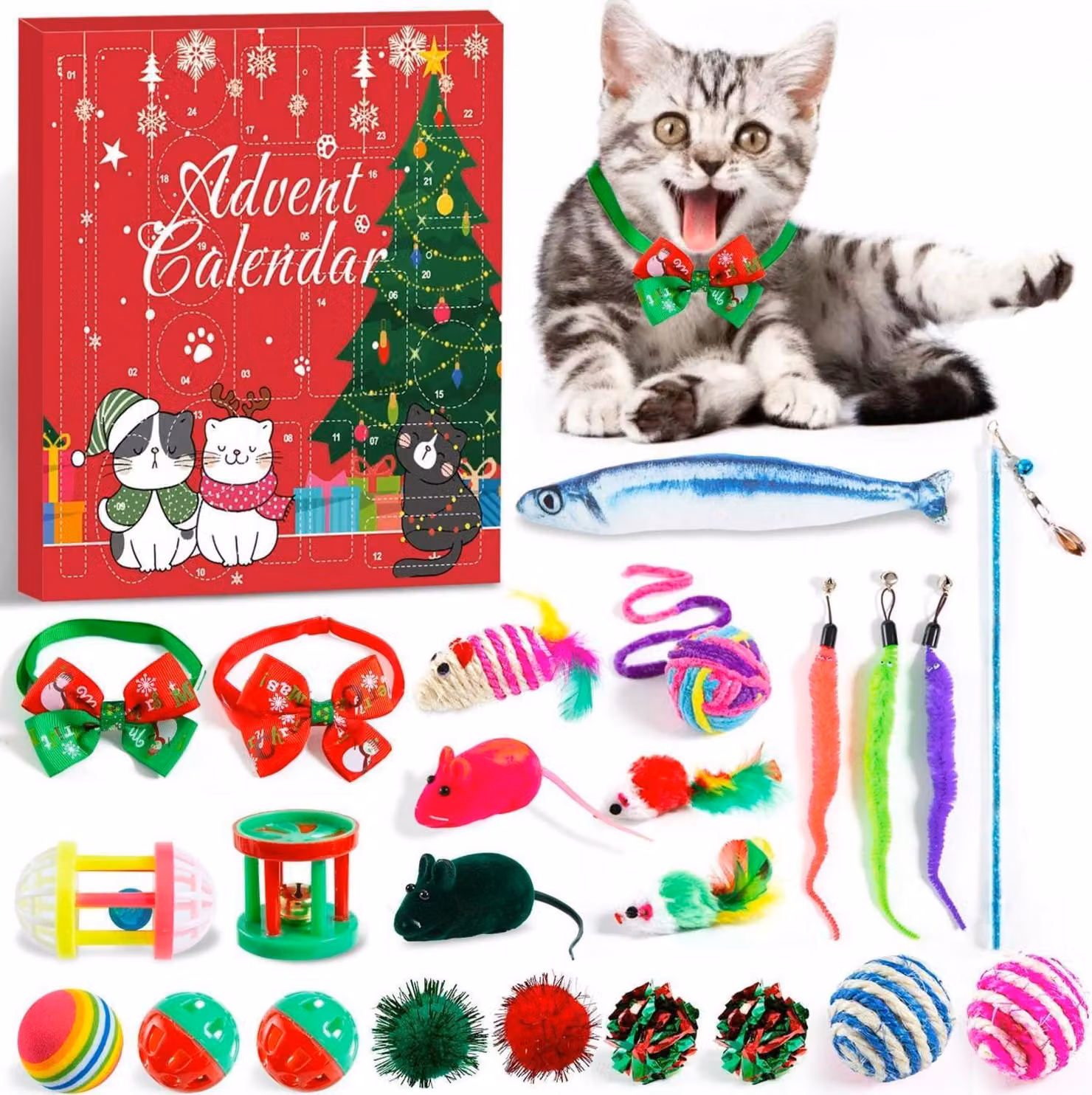 Rorchio calendario dell'avvento gatto giocattolo bastone piuma pesce topo palla campana