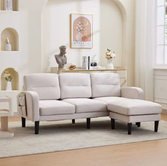 Divano angolare modulare 3 posti con chaise longue e tasche laterali; 204×136×80 cm; beige