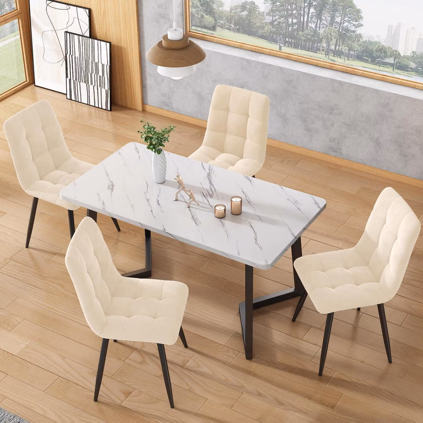 Set tavolo da pranzo 117 cm con 4 sedie, tavolo rettangolare per la cucina, sedie in velluto beige, gambe del tavolo nere