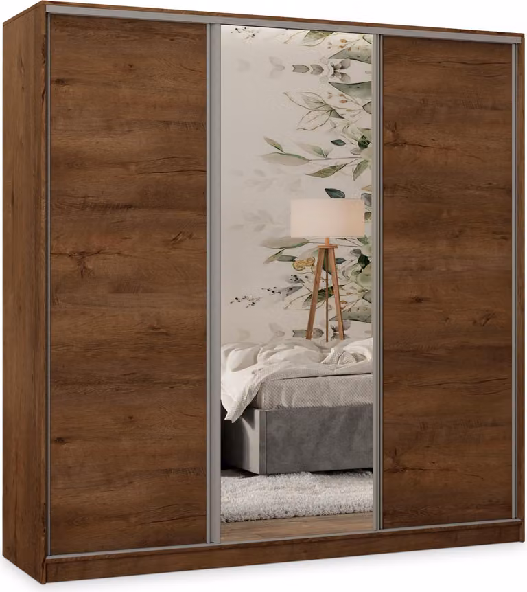 Armadio scorrevole Masseno TARI 180/205/58 cm Armadio con 4 cassetti Armadio per camera da letto a 3 ante con specchio Rovere Lefkas