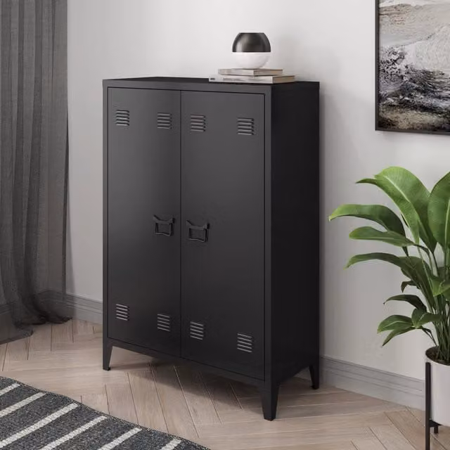 Armadietto da ufficio Oripää en.casa in acciaio nero con ante a battente e ripiani regolabili L: 110 cm, H: 75 cm, P: 33 cm – 1