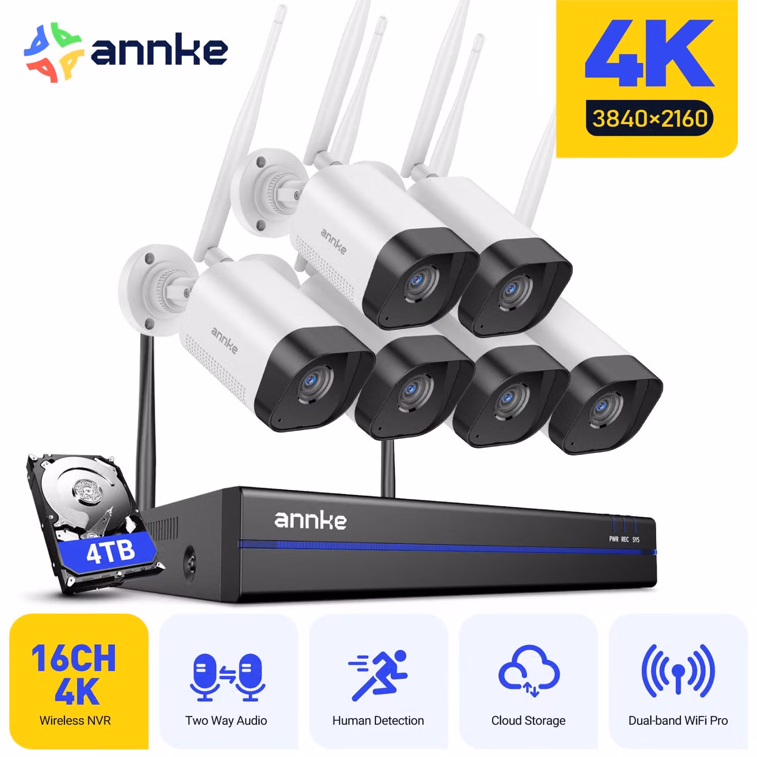 Telecamera di sicurezza wireless, confezione da 6 pezzi - Risoluzione 8MP - Grado di protezione IP66 (resistente all'acqua)