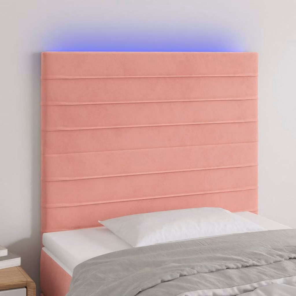 Testiera per letto vidaXL in velluto rosa con illuminazione LED e porta di ricarica USB, L: 90 cm, P: 5 cm, H: 118-128 cm