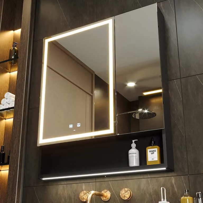 Mobiletto da bagno con specchio, 2 ante, dimensioni 75x85 cm, con illuminazione a LED, sistema antiappannamento, presa di corrente e porta USB