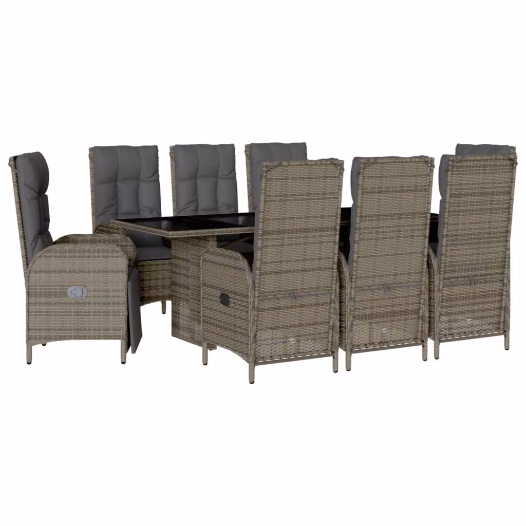 set da pranzo da giardino 9 pezzi con cuscini in poly rattan grigio