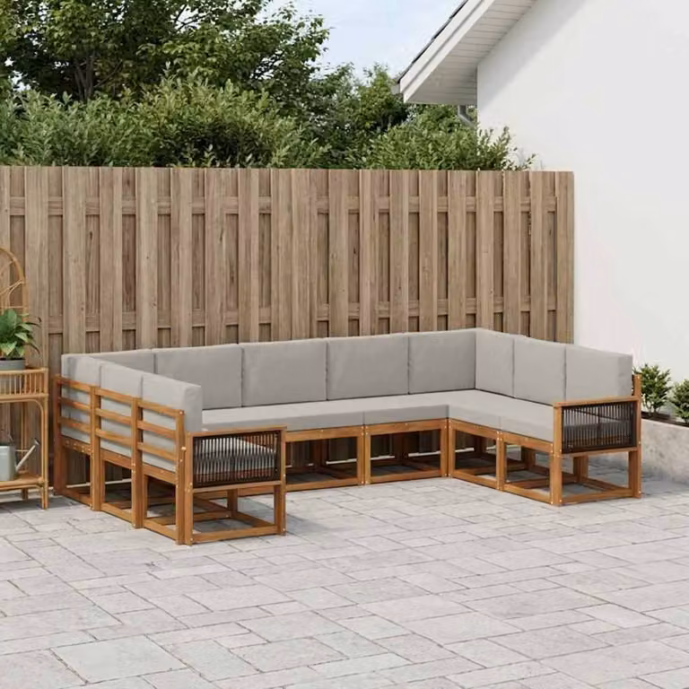 vidaXL Set di divani da esterno a forma di U composto da 9 pezzi in legno di acacia con cuscini beige e grigi