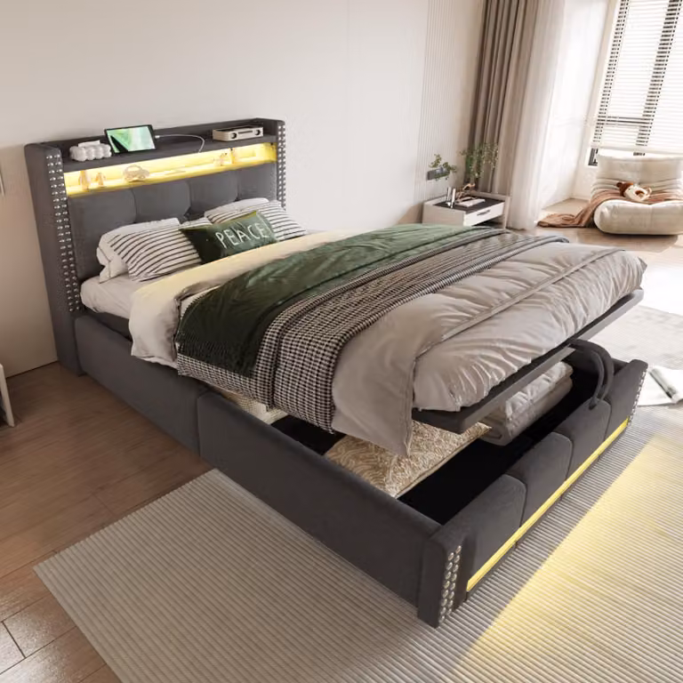 Letto imbottito idraulico Merax 90x200 cm per bambini con illuminazione a LED e presa USB, letto singolo con contenitore sulla testata, tessuto di lino grigio