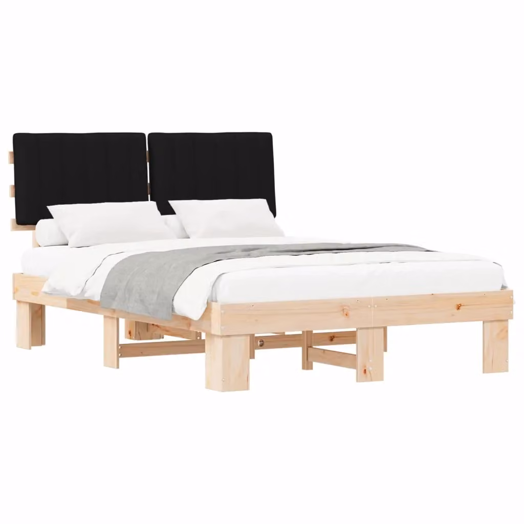 Letto moderno vidaXL in pino massello con testiera rivestita in tessuto nero L 140 x P 200 cm – 2