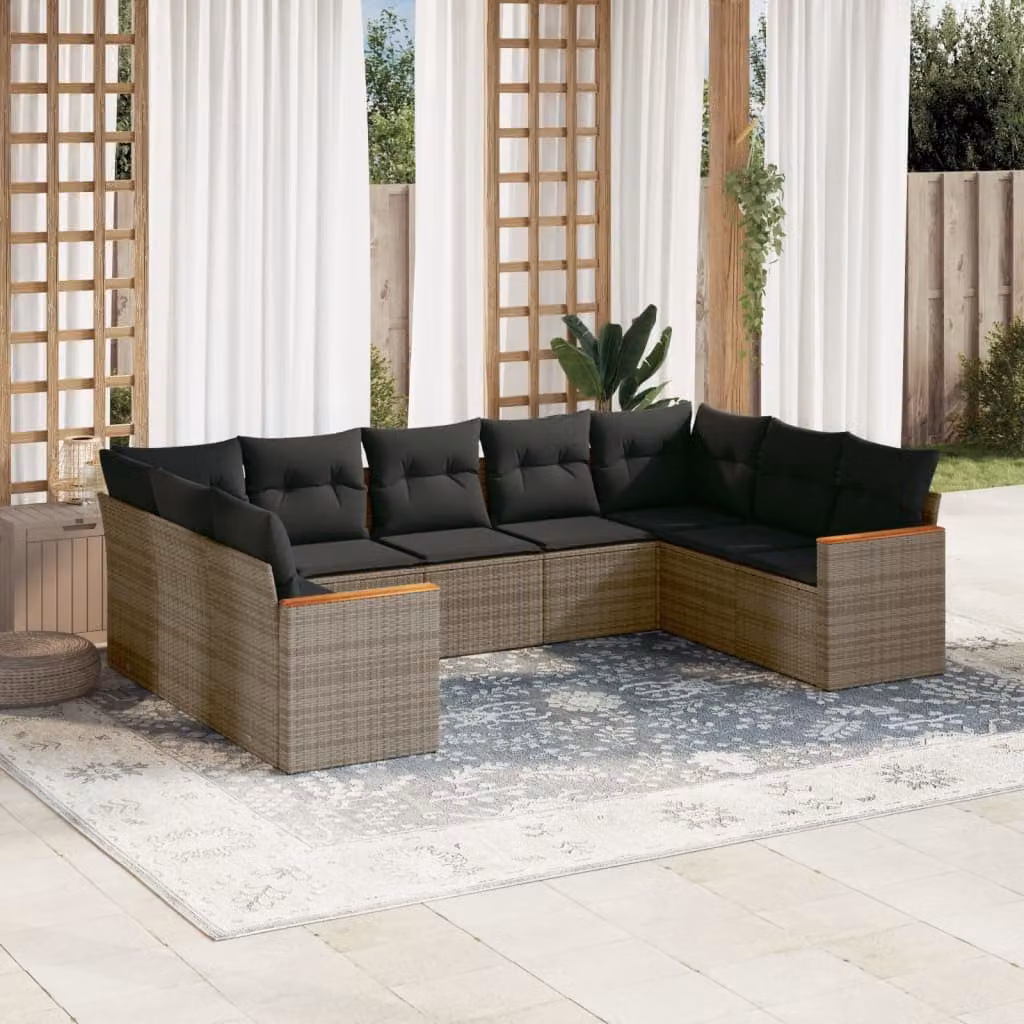 vidaXL Set Divano da Giardino 9 pz a L in Polyrattan e Legno di Acacia Grigio con Cuscini – 1