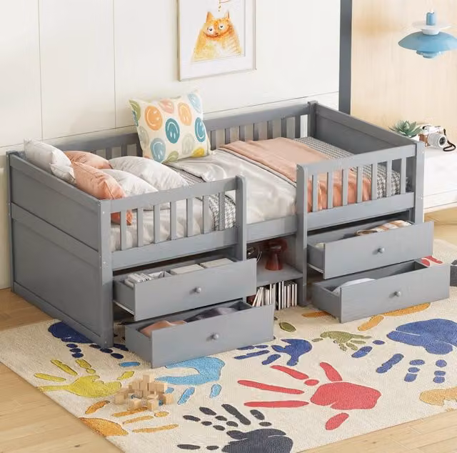 Letto semialto ULEVR 90x200 cm con 4 cassetti, scala e sponde di sicurezza, pino e MDF grigio