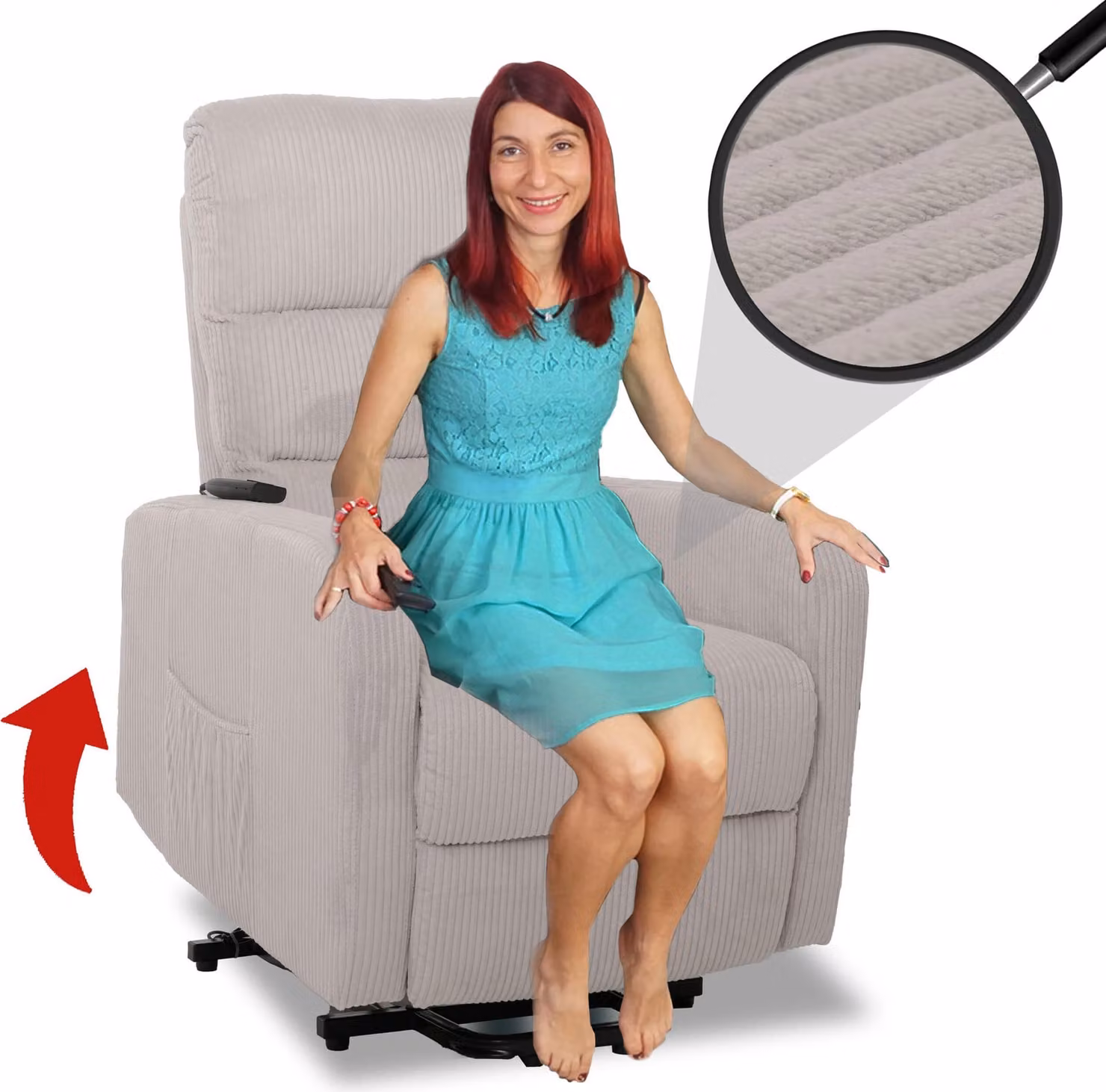 Poltrona TV MCW-K62, poltrona reclinabile, poltrona TV reclinabile, funzione reclinabile, supporto per alzarsi, metallo, tessuto/velluto a coste ~ grigio chiaro